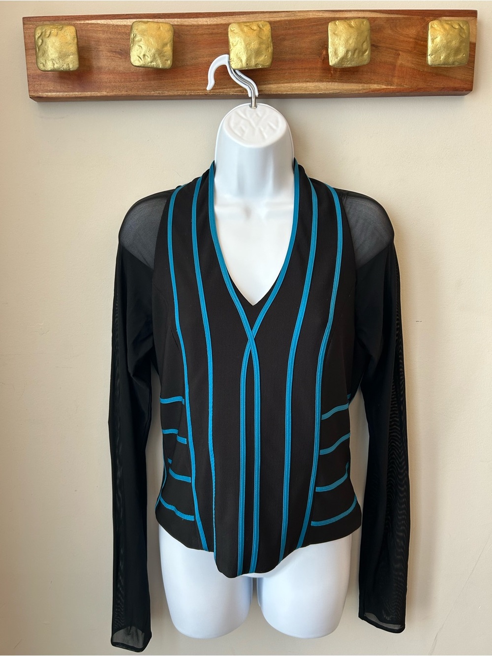 Y2K Cyber Chic Mesh Sleeve Illusion Top Black Blue Size 10